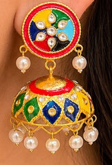 Multi Color Meenakari Jhumki Earrings with Pearl Drops