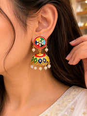 Multi Color Meenakari Jhumki Earrings with Pearl Drops