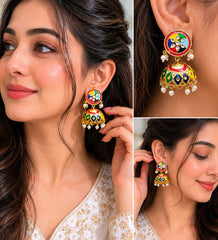 Multi Color Meenakari Jhumki Earrings with Pearl Drops