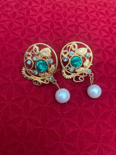 Emerald Crystal & Pearl Gold Stud Earrings