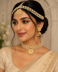Royal Bridal Jhumki Choker & Matha Patti Set – Imitation Gold with Pearl Drops