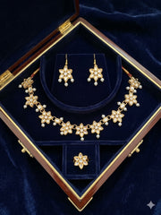 Kundan Floral Necklace, Earrings & Ring Set – Imitation Gold