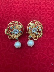 Golden Filigree Stud Earrings with Crystal & Pearl Drop