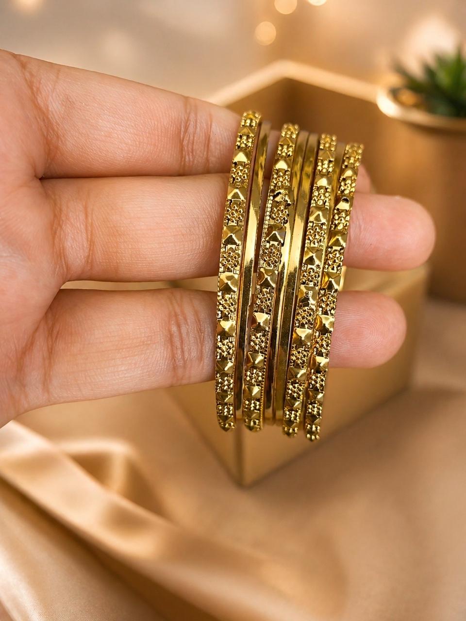 Golden Carved Bangle Set – 6 Pcs