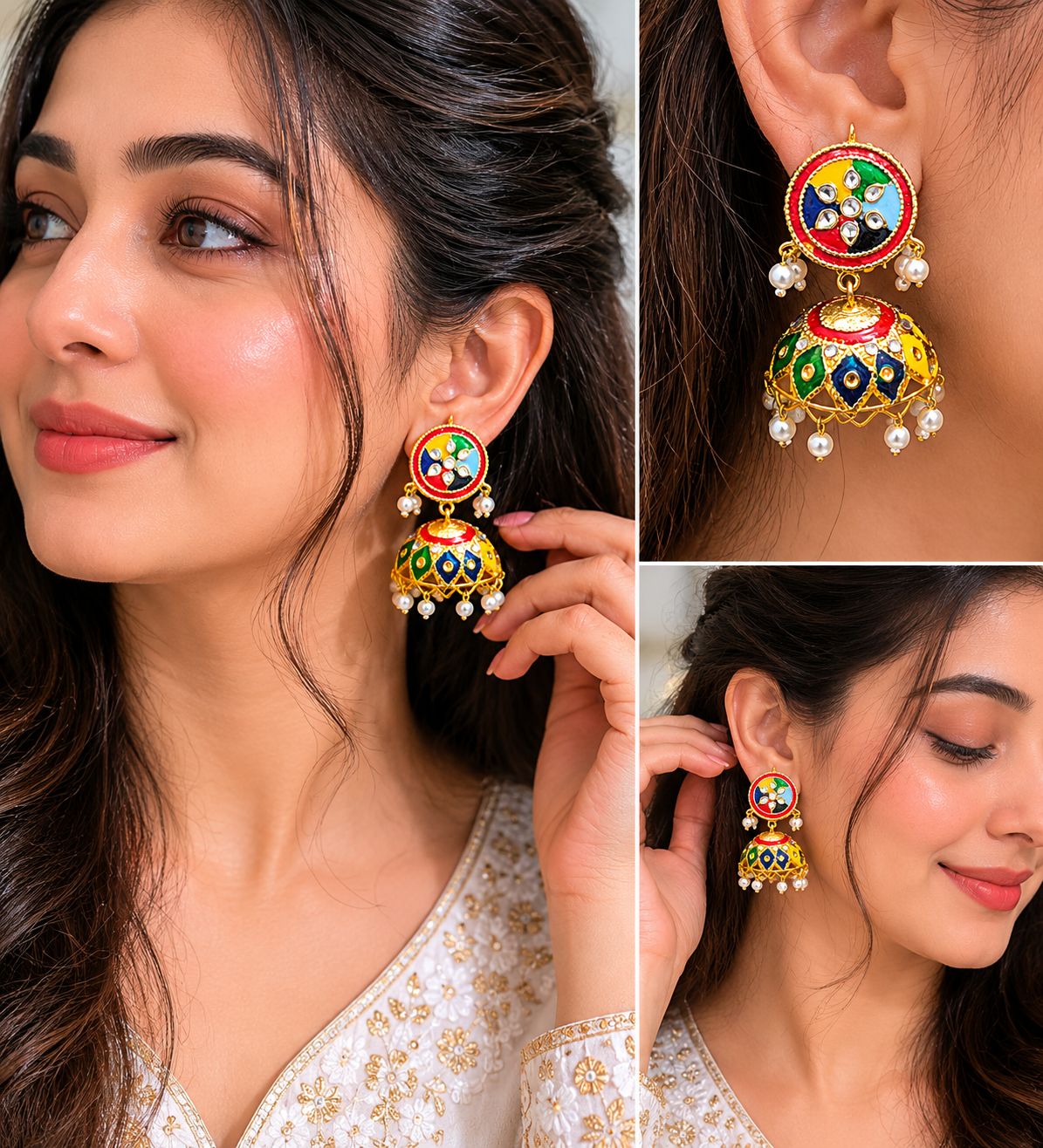 Multi Color Meenakari Jhumki Earrings with Pearl Drops