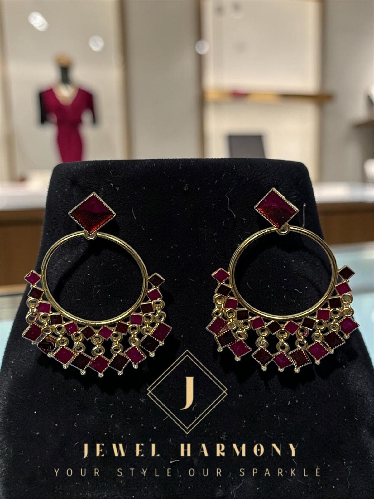 Maroon Geometric Hoop Drop Earrings