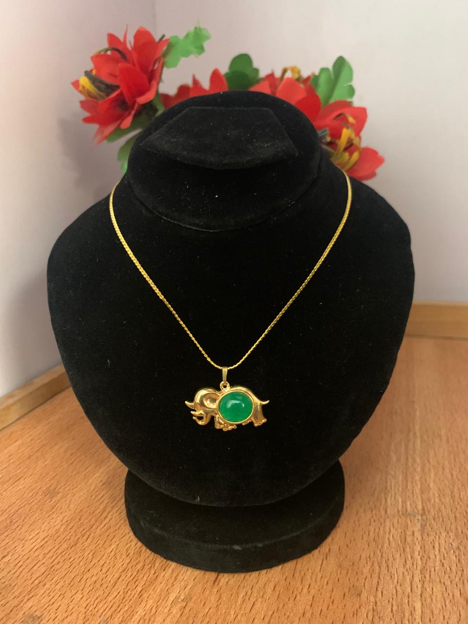 Green Stone Elephant Pendant Necklace