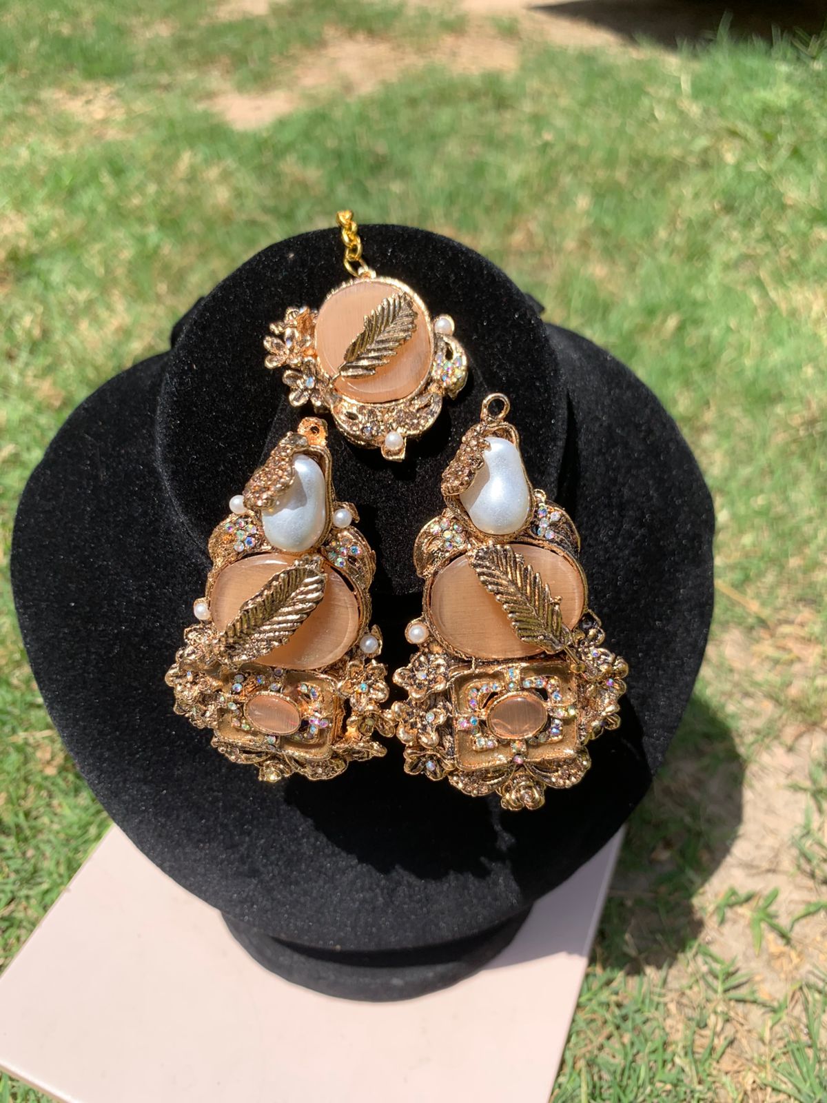 Gold Statement Bridal Earrings & Matching Maang Tikka Set