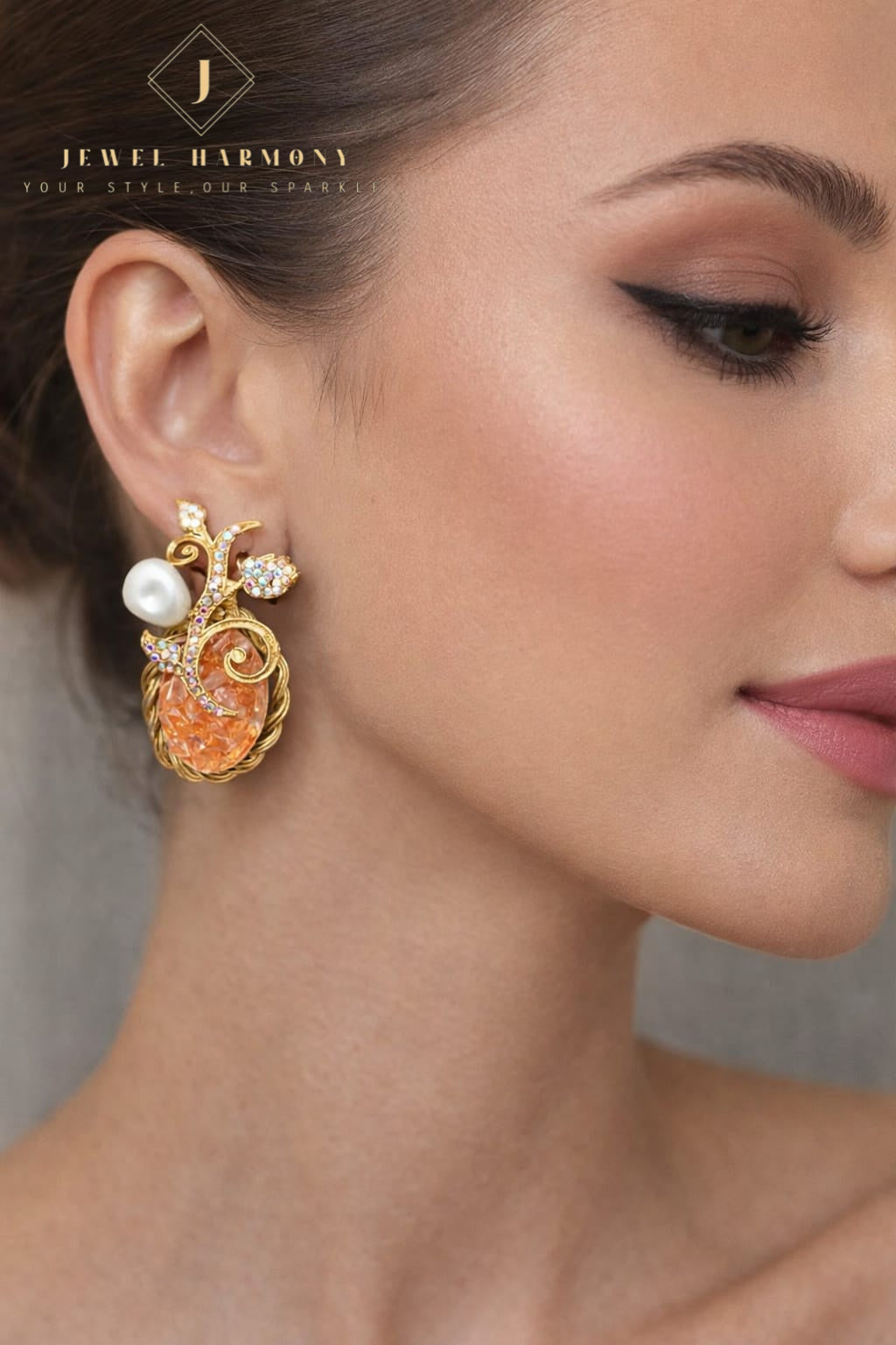 Orange Stone & Pearl Earrings