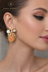 Orange Stone & Pearl Earrings