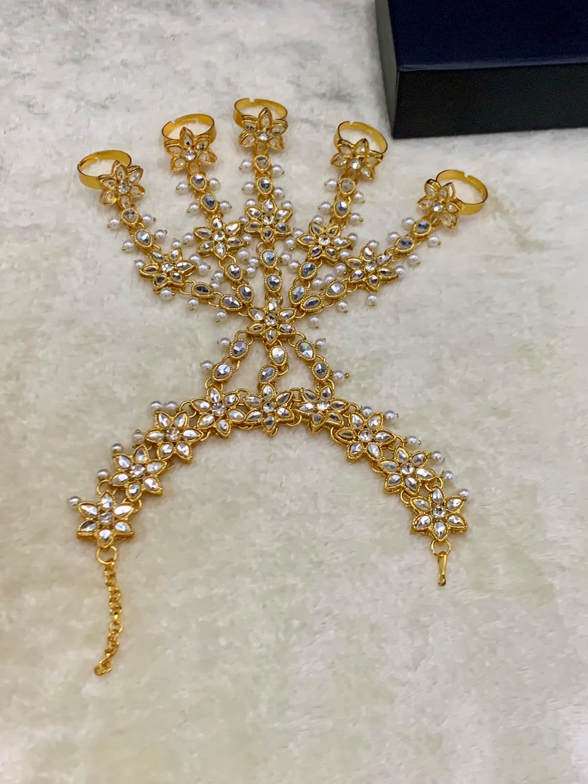Golden Panjangla – Bridal Hand Chain with Finger Rings