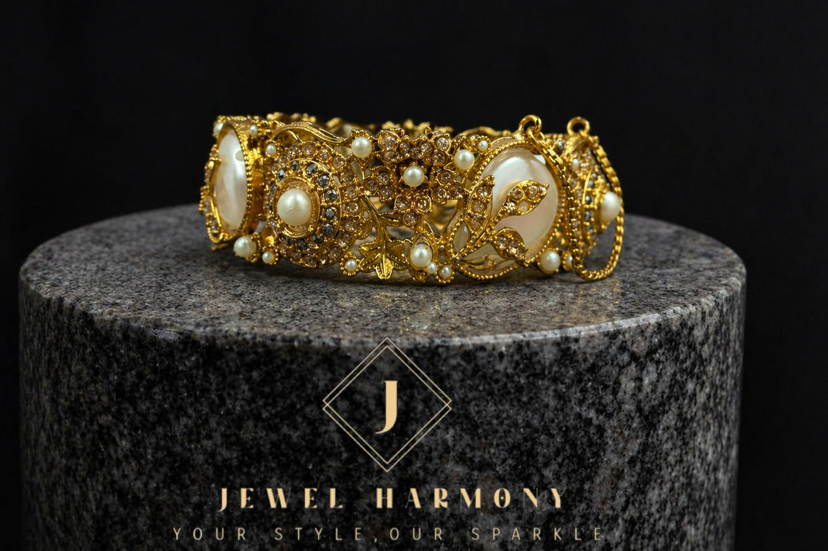 Royal Pearl Floral Gold Bangles Pair