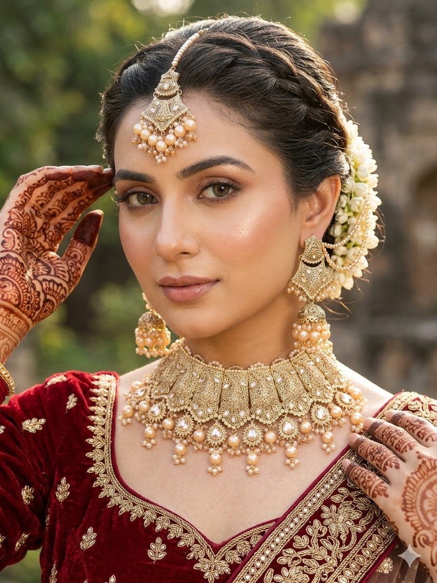Royal Kundan Bridal Heavy Jewellery Set – Gold Tone with Pearl Drops