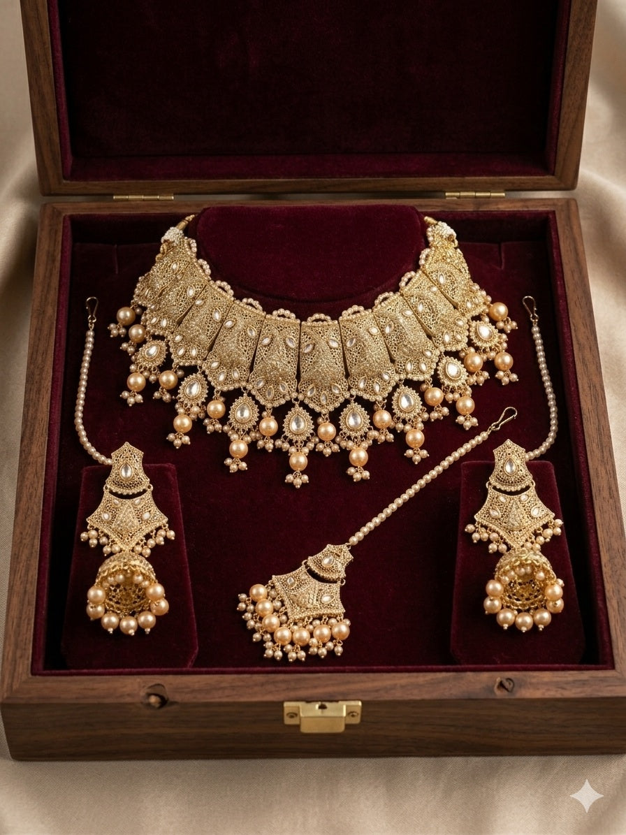 Royal Kundan Bridal Heavy Jewellery Set – Gold Tone with Pearl Drops