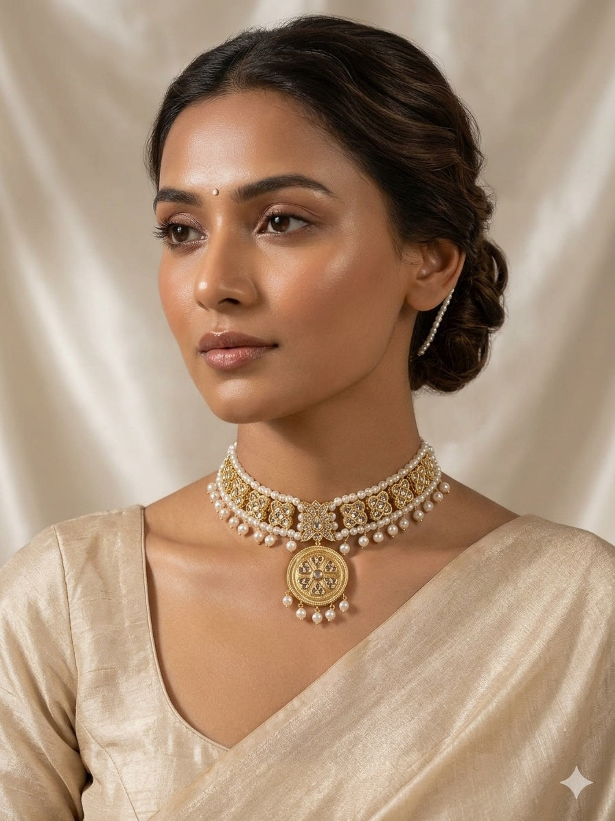 Pearl & Gold Kundan Choker Necklace – Imitation Bridal Jewellery
