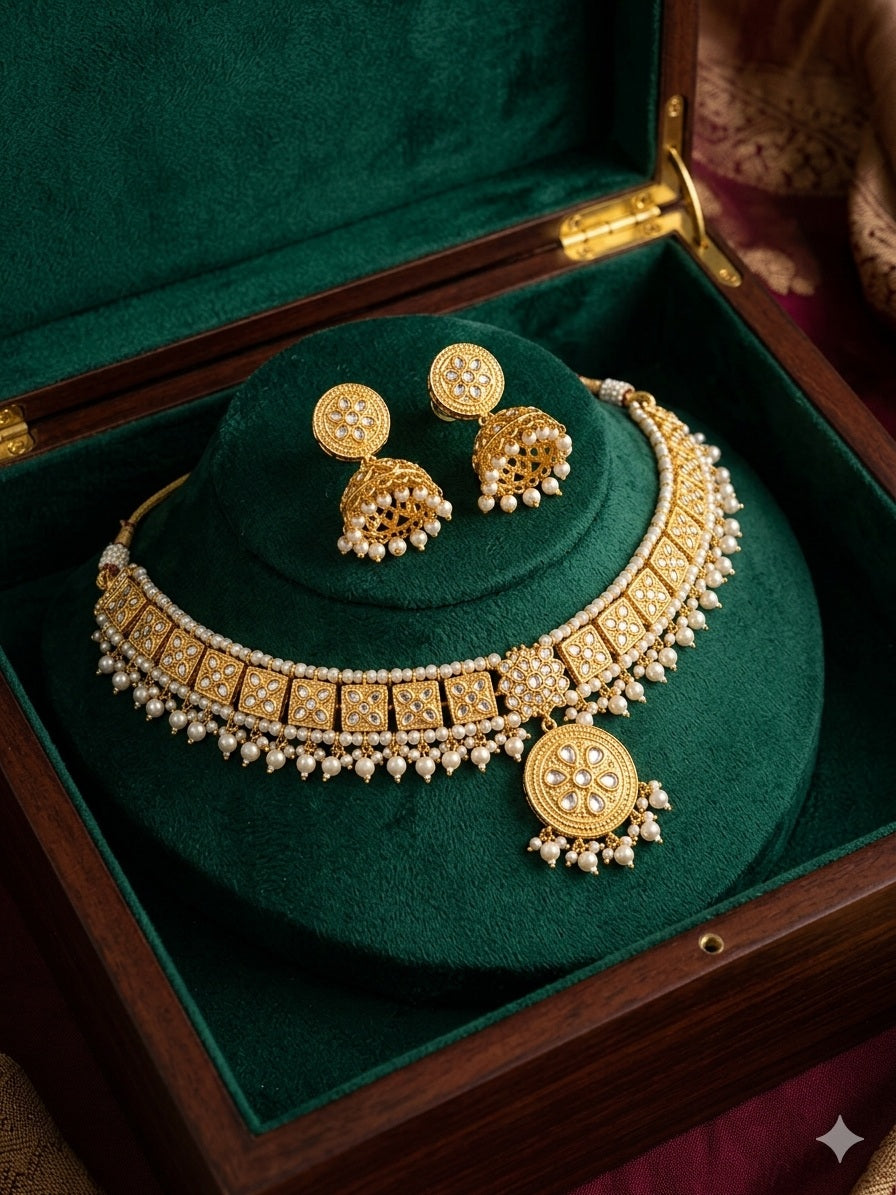 Kundan Pearl Choker & Jhumki Set – Imitation Bridal Jewellery