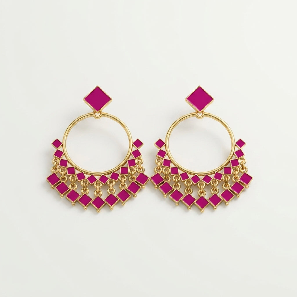 Maroon Geometric Hoop Drop Earrings