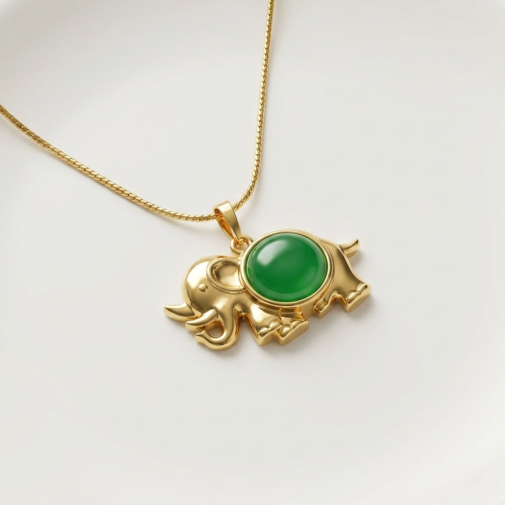 Green Stone Elephant Pendant Necklace