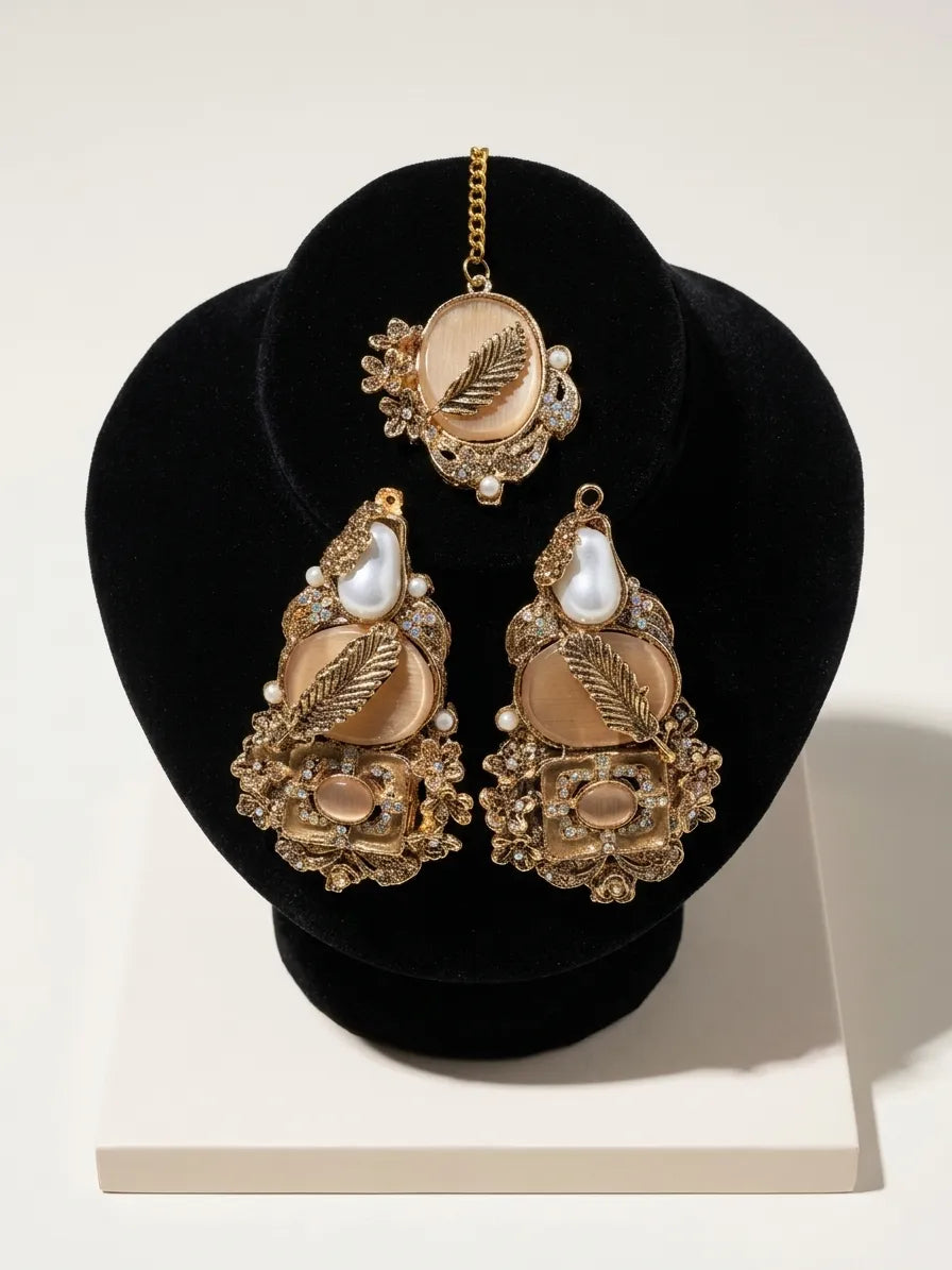 Gold Statement Bridal Earrings & Matching Maang Tikka Set