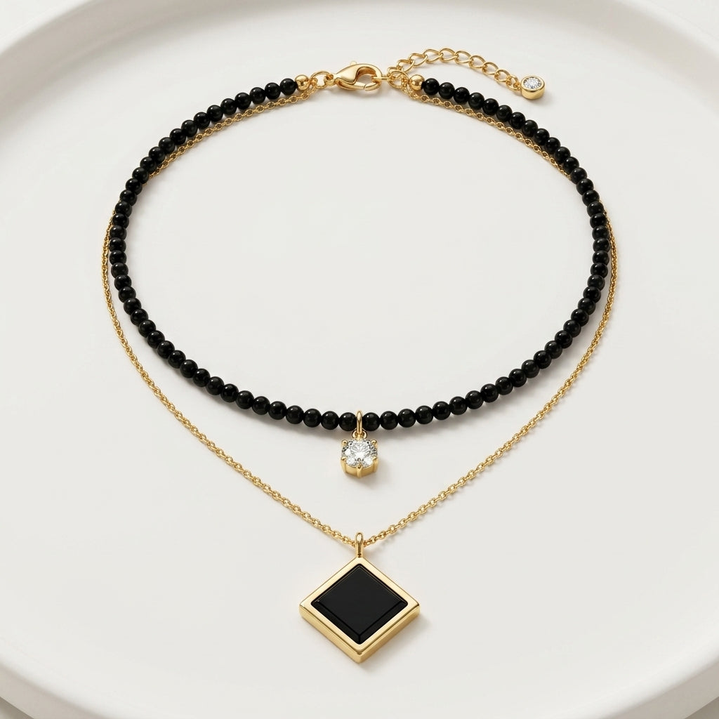 Black Beaded Pendant Necklace