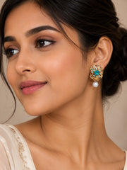 Emerald Crystal & Pearl Gold Stud Earrings