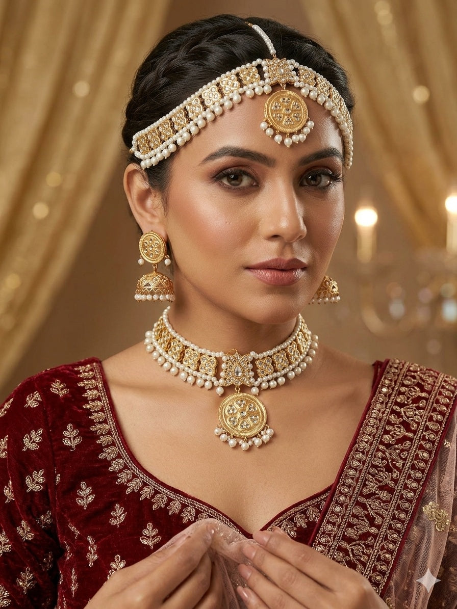 Royal Bridal Jhumki Choker & Matha Patti Set – Imitation Gold with Pearl Drops