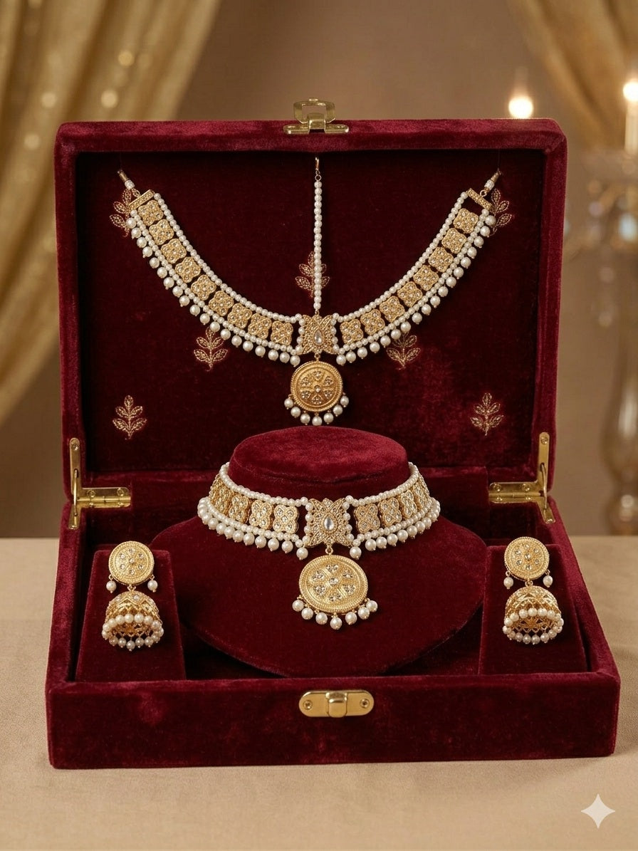 Royal Bridal Jhumki Choker & Matha Patti Set – Imitation Gold with Pearl Drops