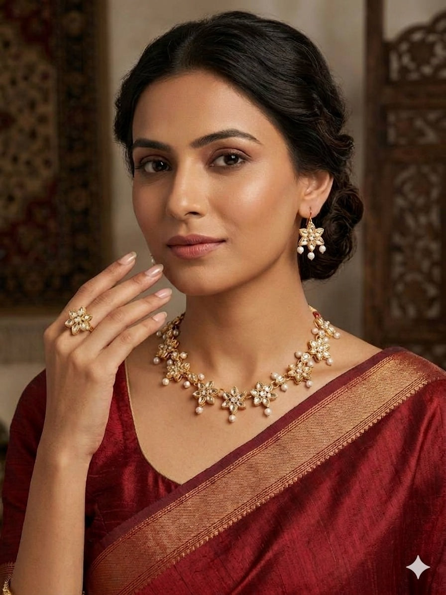 Kundan Floral Necklace, Earrings & Ring Set – Imitation Gold