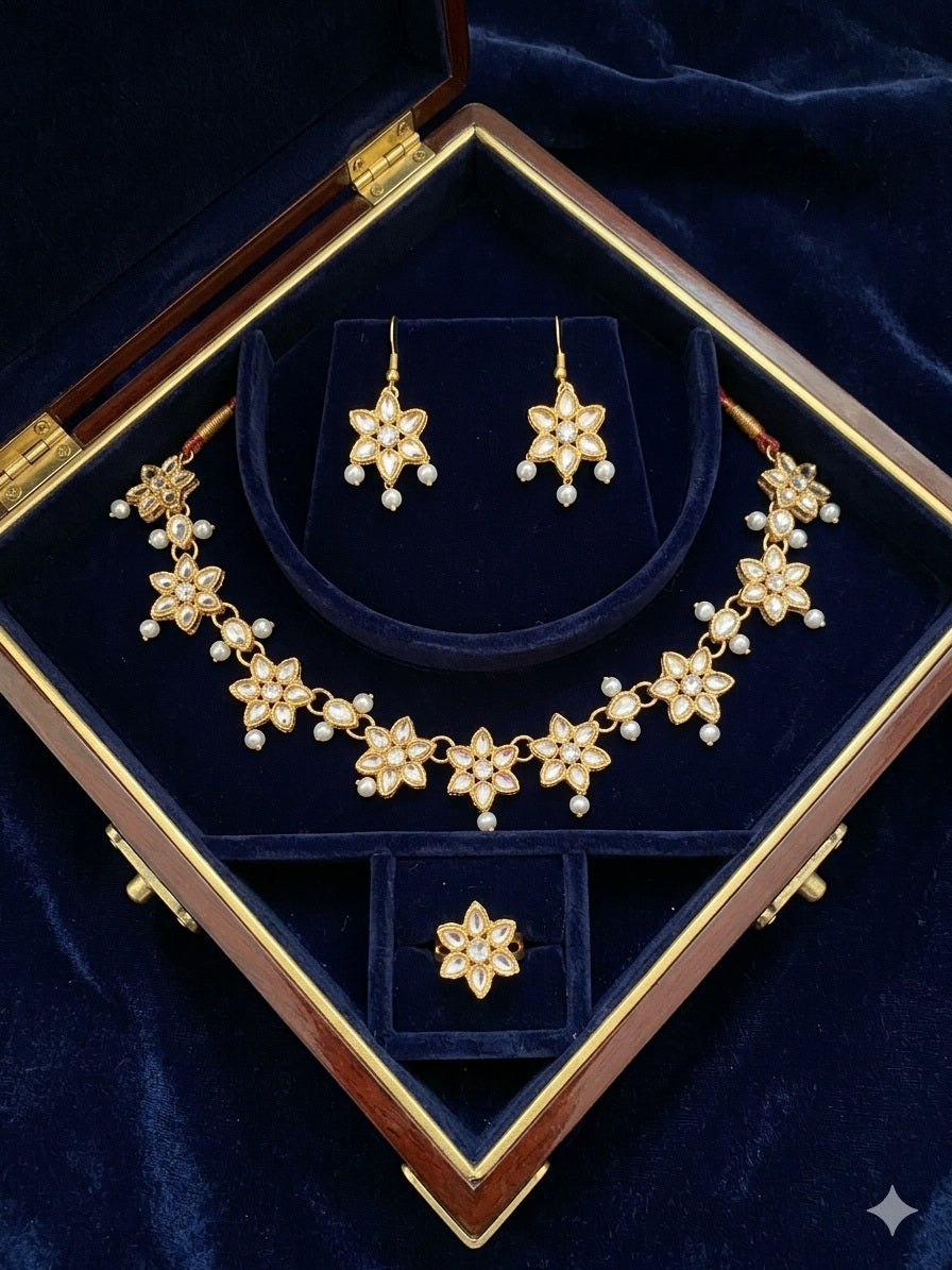 Kundan Floral Necklace, Earrings & Ring Set – Imitation Gold