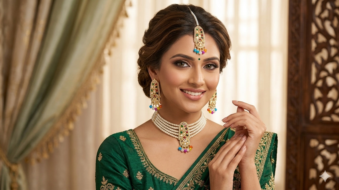 Multicolor Kundan Pearl Choker, Earrings & Tikka Set