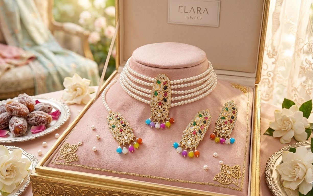 Multicolor Kundan Pearl Choker, Earrings & Tikka Set