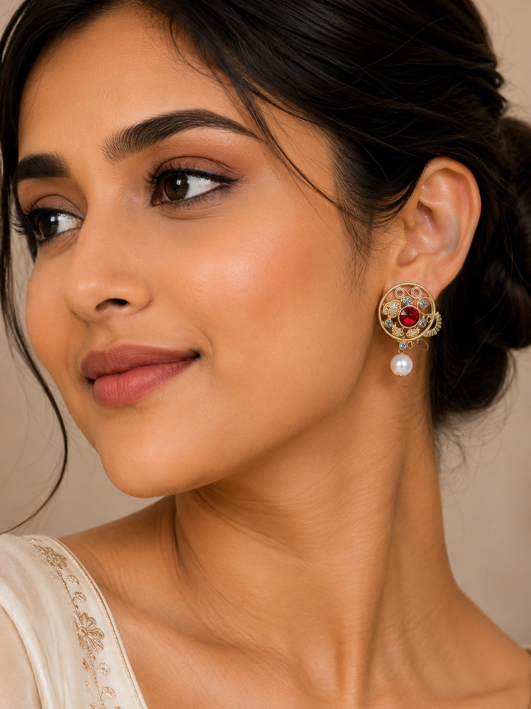 Royal Red Crystal & Pearl Gold Stud Earrings