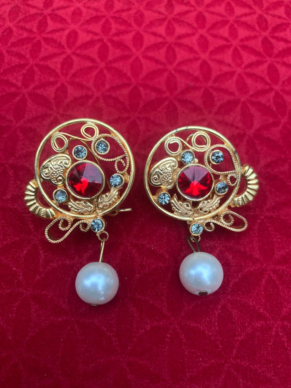 Royal Red Crystal & Pearl Gold Stud Earrings