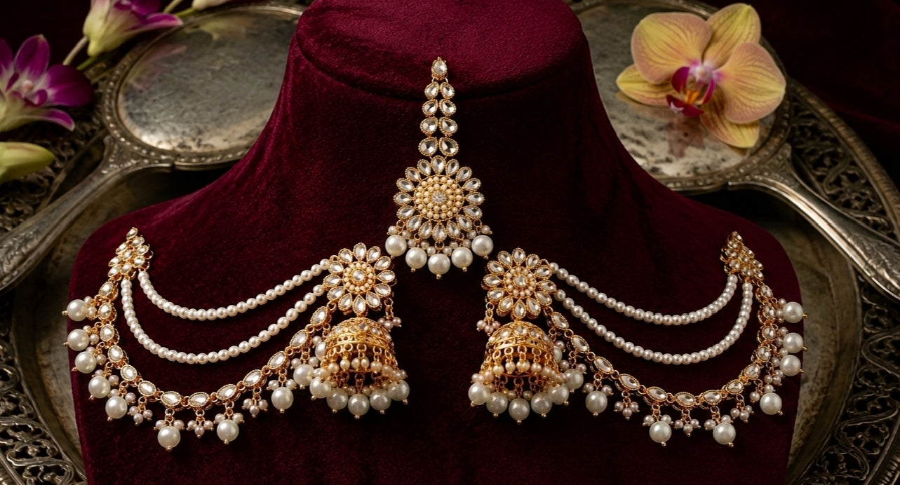 Golden Kundan Jhumka with Sahara & Tikka (Maang Patti) Set