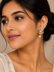 Golden Filigree Stud Earrings with Crystal & Pearl Drop